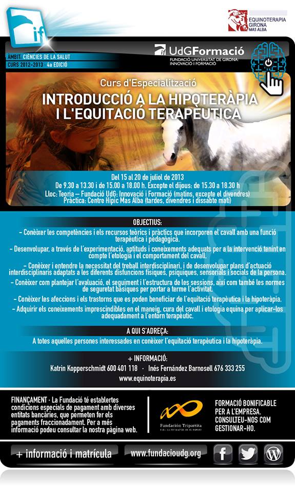La Fundación Universidad de Gerona imparte un Curso de Especialización en introducción a la Hipoterapia y la Equitación Terapéutica